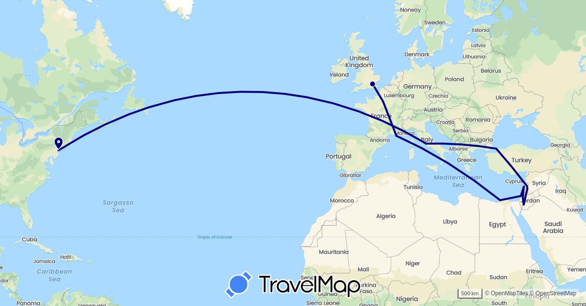 TravelMap itinerary: driving in Egypt, France, United Kingdom, Israel, Italy, Jordan, Lebanon, Syria, Turkey, United States (Africa, Asia, Europe, North America)